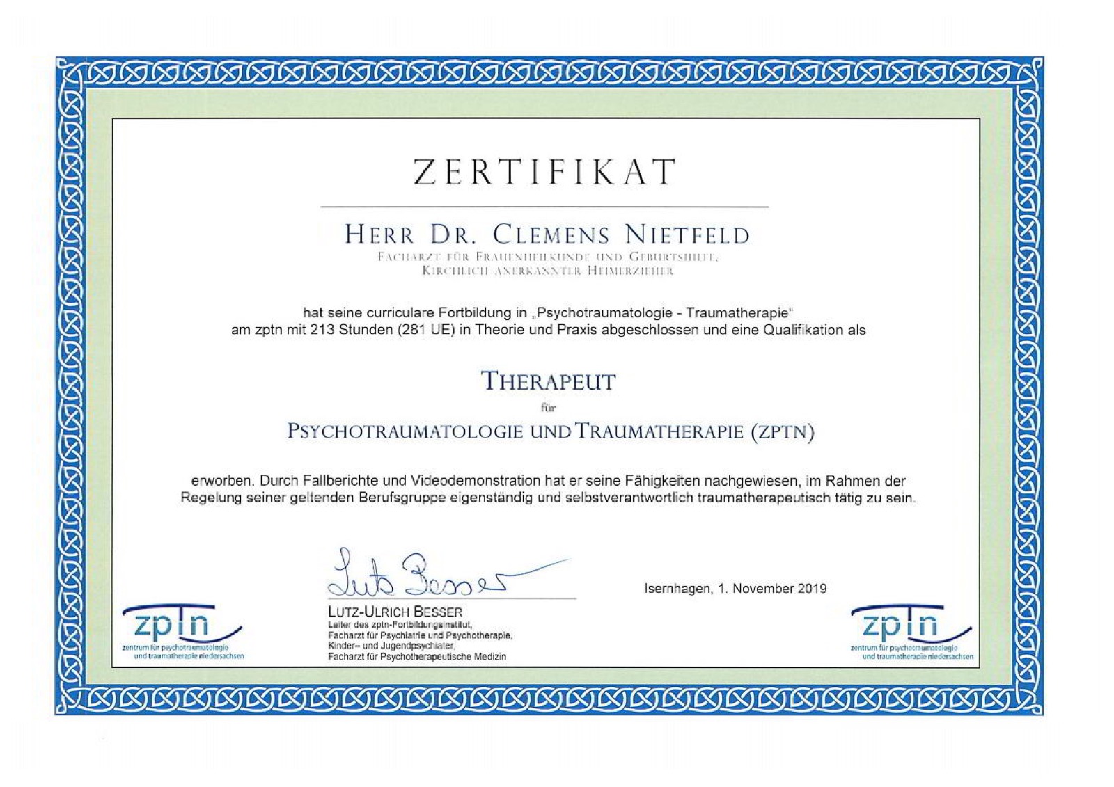 ZPTN-Zertifikat: Therapeut für Psychotraumatologie und Traumatherapie